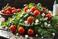 Still Life Photography of Vibrant Mixed Greens - Ripe Cherry Tomatoes Glistening with a Hint of Water