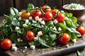 Still Life Photography of Vibrant Mixed Greens - Ripe Cherry Tomatoes Glistening with a Hint of Water