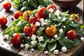 Still Life Photography of Vibrant Mixed Greens - Ripe Cherry Tomatoes Glistening with a Hint of Water
