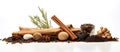 Still life photography of a wood pile of herbs and spices on a white surface Royalty Free Stock Photo