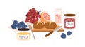 Still life with picnic food such as snacks, bread, buns, summer fruits, berries, jam, honey and glass of lemonade