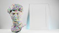 Still life picture frame mock up, bust of an antique statue with multi-colored stains on the surface, colorful motley modern