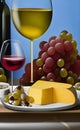 Still life picture with wine, cheese and grapes Royalty Free Stock Photo