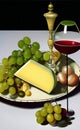 Still life picture with wine, cheese and grapes Royalty Free Stock Photo