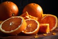 Still Life Pile Oranges Heaped Wooden Table. Vibrant orange hues stand against brown table surface Royalty Free Stock Photo