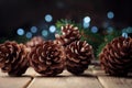 Still life with pine cones and fir tree branch on rustic wooden table. Christmas greeting card. Royalty Free Stock Photo