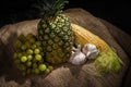 Still Life - Pineapple, Corn, Grapes and Garlic Bulbs Royalty Free Stock Photo