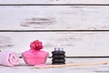 Still life pink himalayan salt with towel and stones. Royalty Free Stock Photo