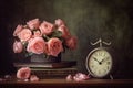 Still life with pink roses, antique old clock, flowers, vintage books on old wooden table