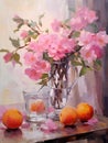 Still life in pink tones. Flowers, fruit, glass vase. Oil painting in impressionism style. Vertical composition