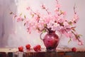 Still life in pink tones. Flowers, fruit, jug. Oil painting in impressionism style. Horizontal composition Royalty Free Stock Photo