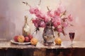 Still life in pink tones. Flowers, fruit, vase, bottle, plate. Oil painting in impressionism style. Horizontal composition Royalty Free Stock Photo