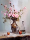 Still life in pink tones. Flowers, fruit, vase, jug. Oil painting in impressionism style. Vertical composition Royalty Free Stock Photo