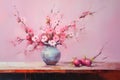 Still life in pink tones. Flowers, fruit, vase. Oil painting in impressionism style. Horizontal composition Royalty Free Stock Photo