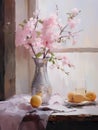 Still life in pink tones. Flowers, fruit, vase, plate. Oil painting in impressionism style. Vertical composition Royalty Free Stock Photo