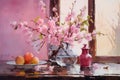 Still life in pink tones. Flowers, fruit, vase, ware, plate. Oil painting in impressionism style. Horizontal composition