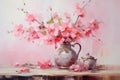 Still life in pink tones. Flowers, jug, ware. Oil painting in impressionism style. Horizontal composition