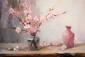 Still life in pink tones. Flowers, vase. Oil painting in impressionism style. Horizontal composition Royalty Free Stock Photo