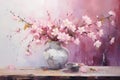 Still life in pink tones. Flowers, vase, plate. Oil painting in impressionism style. Horizontal composition Royalty Free Stock Photo