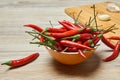 Still life with pods of red hot pepper and blurred cloves of garlic on a background