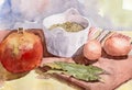 Still life with pomegranate, lentils and eggs. watercolor