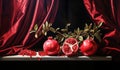 Still life with pomegranates and red curtain. Christmas time. AI generated