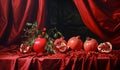 Still life with pomegranates and red curtain. Christmas time. AI generated