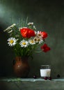 Still life with poppies and daisies