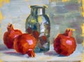 Still life with pot and fruits, a pear, apples. Oil painting