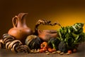 Still life with pottery and vegetables Royalty Free Stock Photo