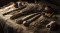 Still life of primitive tools, bones, and dried herbs on animal hide, earthy tones Royalty Free Stock Photo