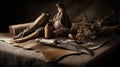 Still life of primitive tools, bones, and dried herbs on animal hide, earthy tones Royalty Free Stock Photo