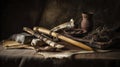 Still life of primitive tools, bones, and dried herbs on animal hide, earthy tones Royalty Free Stock Photo
