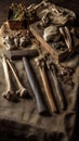 Still life of primitive tools, bones, and dried herbs on animal hide, earthy tones Royalty Free Stock Photo