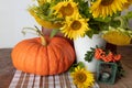 Still life with pumpkin, a bouquet of sunflowers and a white vase, candlesticks and red rowan, hello autumn concept Royalty Free Stock Photo
