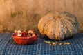 Still Life - pumpkin, dried chilli, shallots, and garlic Royalty Free Stock Photo