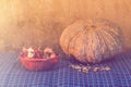 Still Life - pumpkin, dried chilli, shallots, and garlic And Pumpkin Seeds Royalty Free Stock Photo