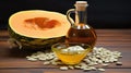 Still life with pumpkin seed oil in a glass carafe, pumpkin seeds and pumpkins as decortation on a wooden table Royalty Free Stock Photo