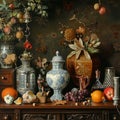 Still life with pumpkins, apples, garlic, dried flowers and candles