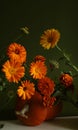 Still life with pumpkins and flowers calendula, marigold.