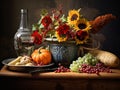 Still life of pumpkins, grapes, corn, herbs, autumn flowers, squashes on wooden table dark moody background. Harvest concept. Royalty Free Stock Photo