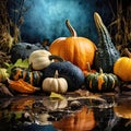 Still life of pumpkins of various shapes in nature as halloween background