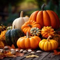 Still life of pumpkins of various shapes in nature as halloween background