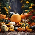 Still life of pumpkins of various shapes in nature as halloween background