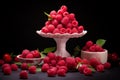 Still life of raspberries in crockery. Generative AI