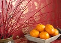 Still Life with Red Branches, Oranges, and Metallic Vase Royalty Free Stock Photo