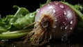 Still life of red onion with drops water