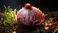 Still life of a red onion with drops water