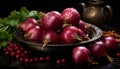 Still life of red onions in a metal bowl