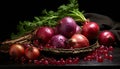 Still life of red onions in a metal bowl